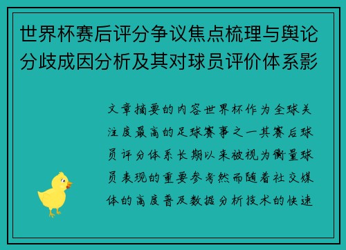世界杯赛后评分争议焦点梳理与舆论分歧成因分析及其对球员评价体系影响